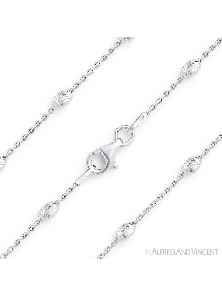 3mm Oval Moon-Cut Bead & 1.1mm Anchor Chain Necklace In .925 Sterling Silver 24"